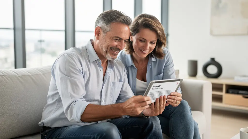 Couple consultant une estimation immobilière sur tablette dans leur salon lumineux