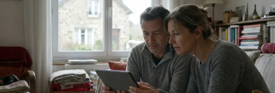 Couple français consultant une estimation immobilière sur tablette dans leur salon
