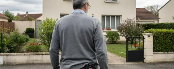 Propriétaire français observant sa maison avant estimation immobilière